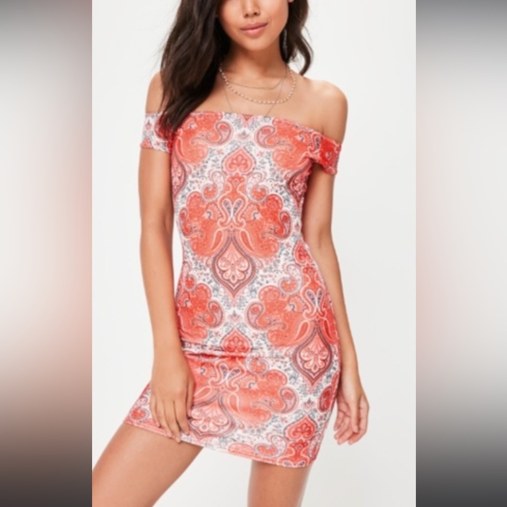 Missguided Suede Off The Shoulder Pink Paisley Bodycon Dress 🫶
